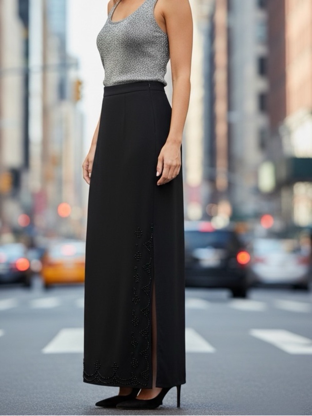 BELLESSA Black Maxi Skirt Scalloped Sheer Front Over Solid, Bead Detail